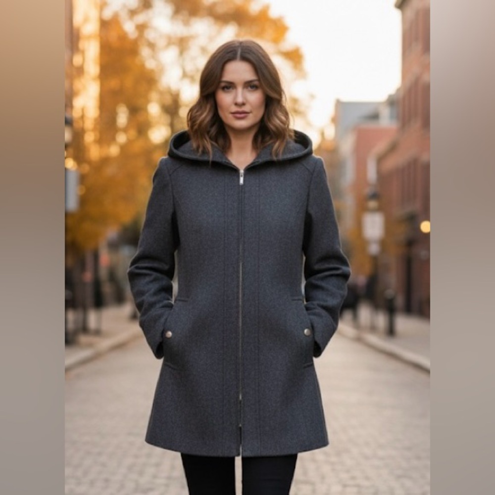 London Fog Gray Wool Blend Coat Zip Up Hooded Jacket Size Medium